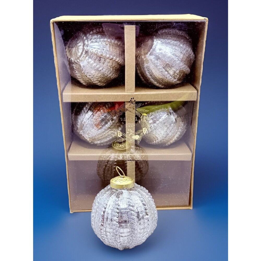 Tinsel & Fir Ornaments Silver Ball Mercury GlassKugel Style Set of 5